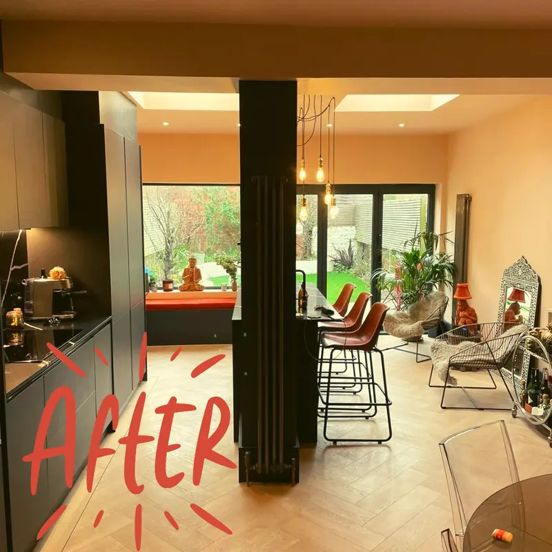 Kitchen and dining room after the renovation, with new herringbone flooring